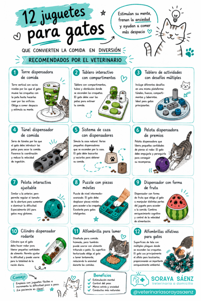 Infografía con juguetes antivoracidad para gatos recomendados por el veterinario